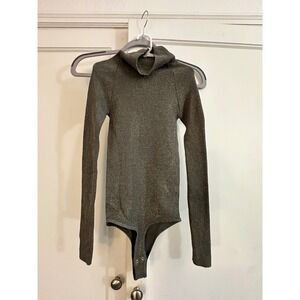Free People Turtleneck Sparkle Long Sleeve Bodysuit Metallic Grey Shimmer